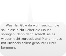 Was Har Gow da wohl sucht....die soll bloss nicht ueber die Mauer springen, denn dann schafft sie es wieder nicht zurueck und Marion muss mit Michaels selbst gebauter Leiter kommen.